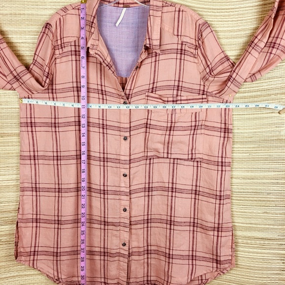 Free People Peach Linen No Limits Button Down Plaid Shirt Size L/G - Picture 11 of 11